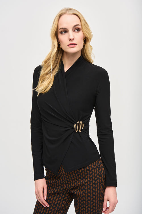 Black Silky Knit Fitted Wrap Top