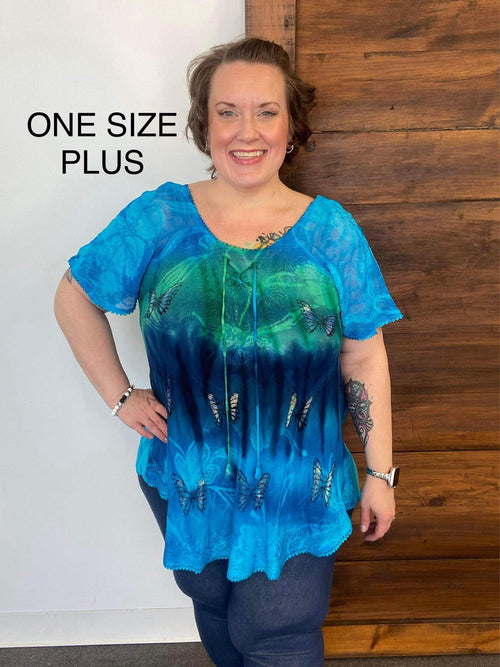 One Size PLUS Turquoise Butterfly Short Sleeve Top