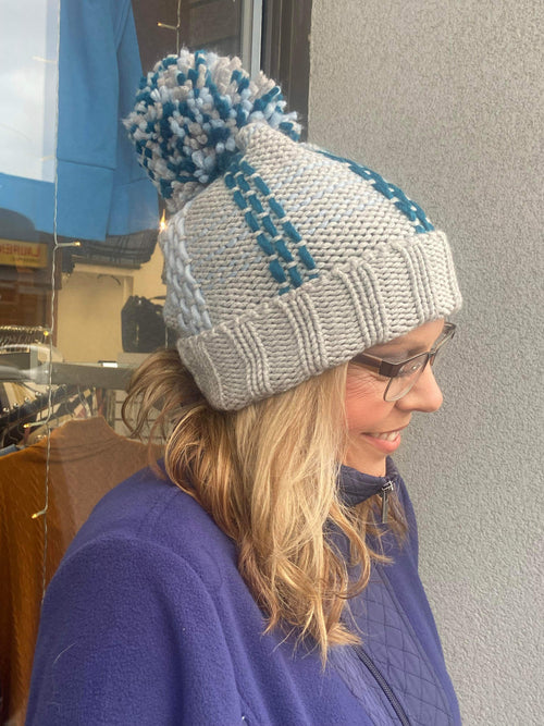 Grey & Teal Womens Winter Knitted Beanie Hat with Pom Pom