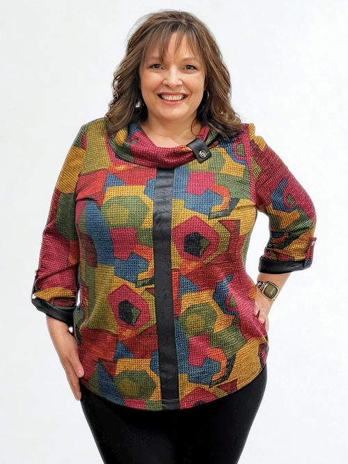Modes Crystal | Vibrant Multi-Coloured  Cowl Neck Waffle Top