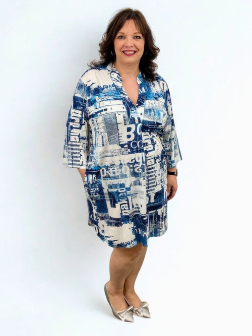 Compliments | V-Neck Dress in Newspaper Print
