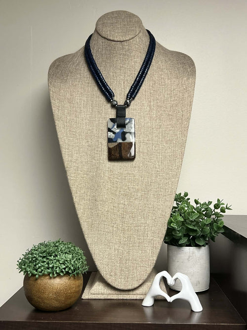 Navy Beaded Necklace With Square Marble Pendant