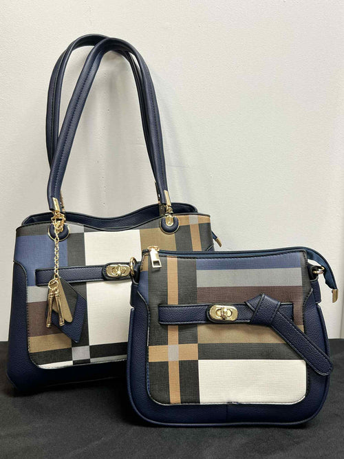 Blue Plaid 2 Piece Purse Set with Knotted Strap