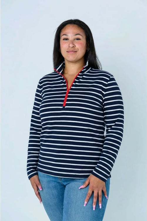 Alison Sheri | Navy Striped Nautical Cotton Top, Zipper