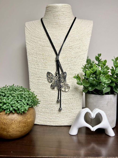 Silver Butterfly Necklace with Hanging Tree of Life
