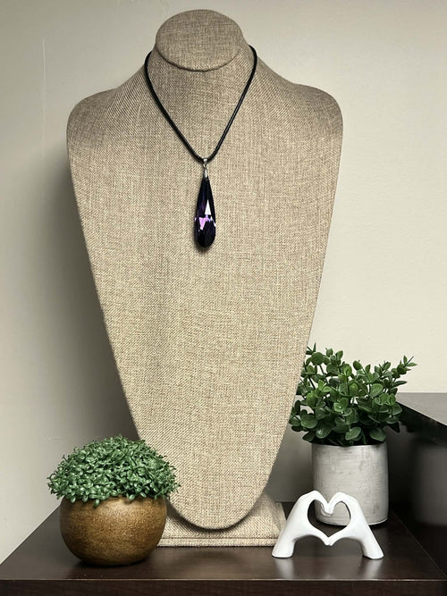 Black Adjustable Leather String Necklace with Large Purple Teardrop Pendant