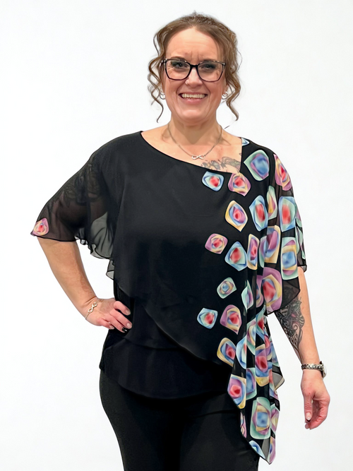 Michael Tyler | Short Sleeve Top, Vibrant Abstract Print, Shear Overlay