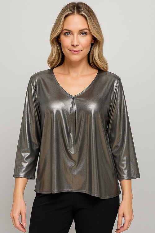 Michael Tyler | Open Slit Sleeve Top- V Neck in Silver