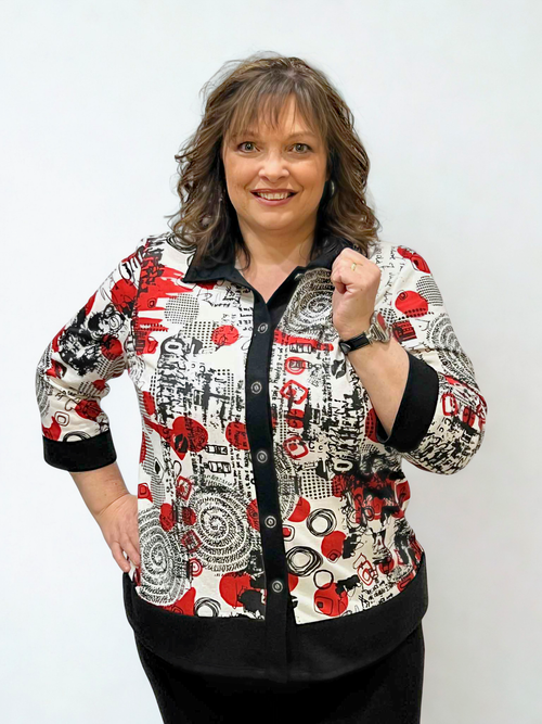 Modes Crystal | Red, White, Black Abstract Print Blouse