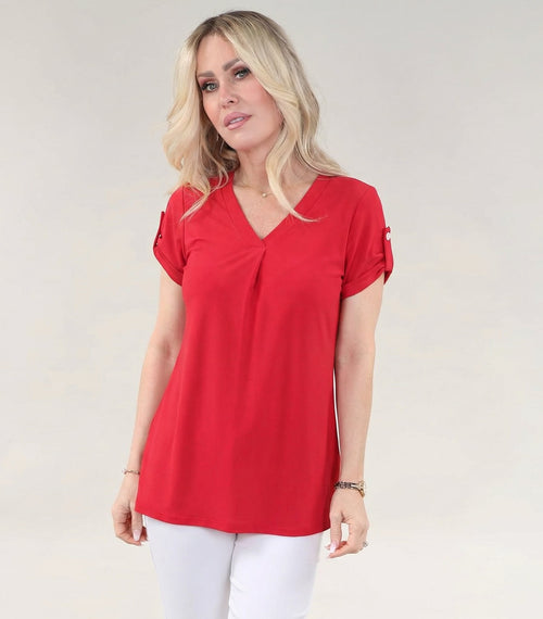 Michael Tyler | Red V-neck Top, Short Sleeve with Pleated Front