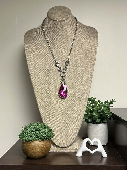 Silver Neckace with Fuchsia Teardrop Pendant