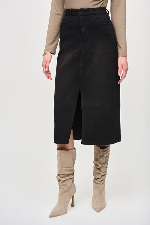 Black Denim Front Slit Midi Skirt