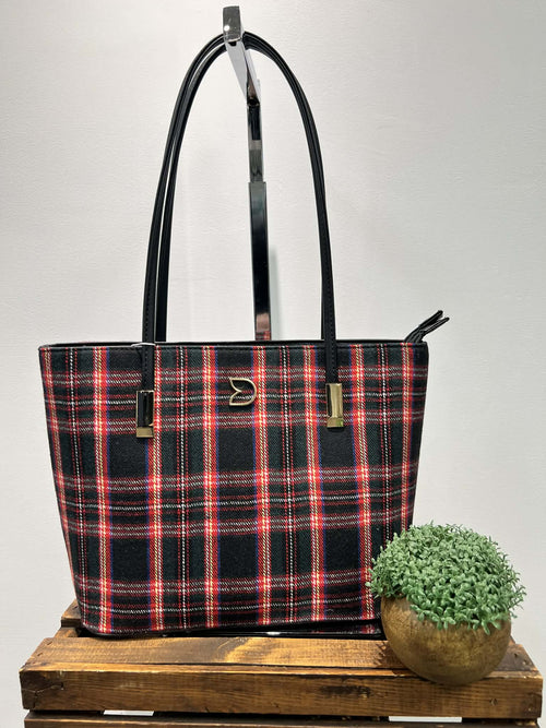 Red Plaid Handbag, Double Zip Closure