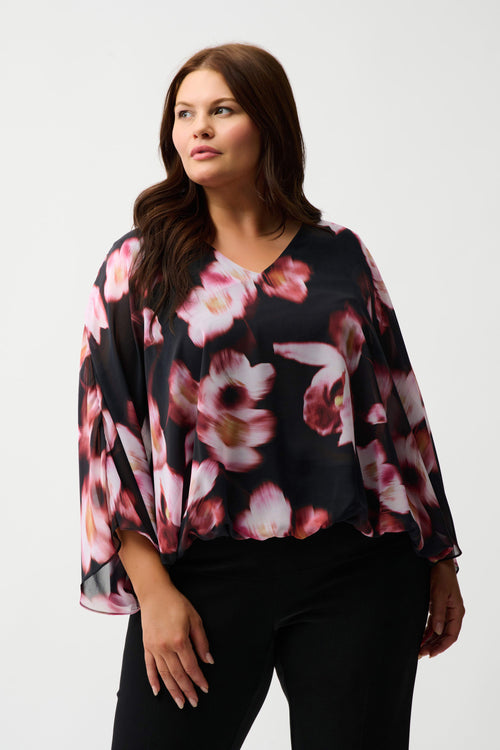 Joseph Ribkoff | Chiffon & Silky Knit Floral Print Boxy Top | Black, Multi