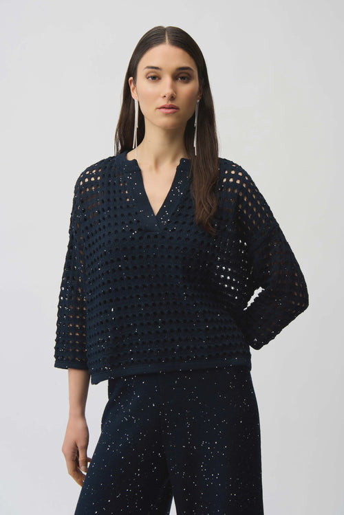Joseph Ribkoff | Navy Sequins Cotton Blend Open Stitch Boxy Sweater