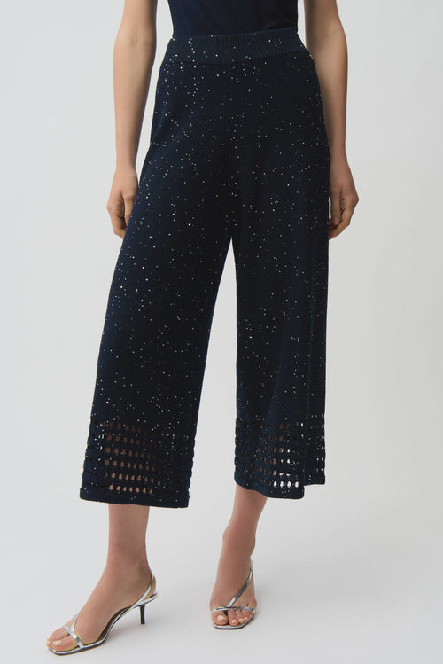Joseph Ribkoff | Navy Sequins Yarn Culotte Pants With Open Stitch Border