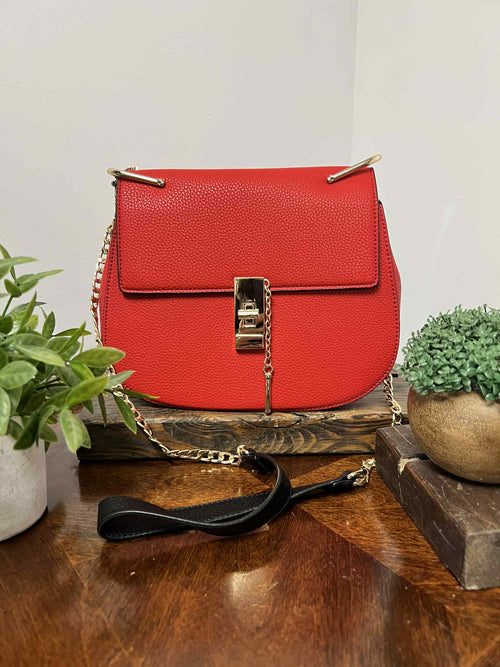 Vibrant Red Purse, Gold Chain Strap and accents