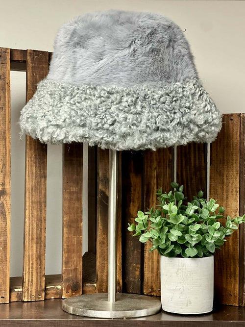 Grey Faux Fur Bucket Hat with Sherpa Brim