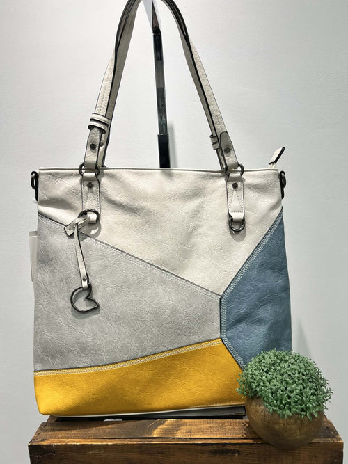 Cream Purse with Tri-Colour  Patchwork, blue, yellow, grey