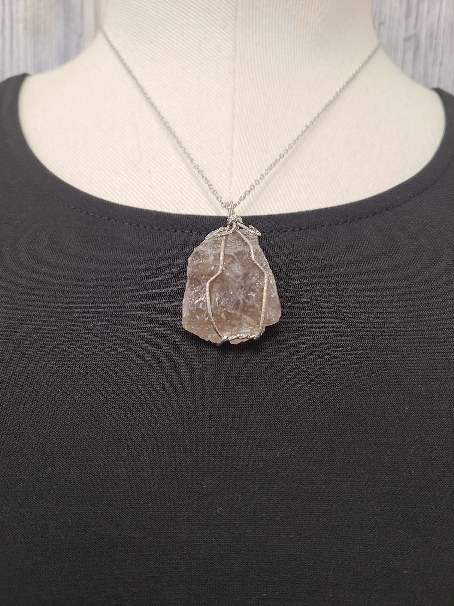 Natural Stone Nuggets Wire Wrapped-Smoky Quartz Stainless Steel Chain