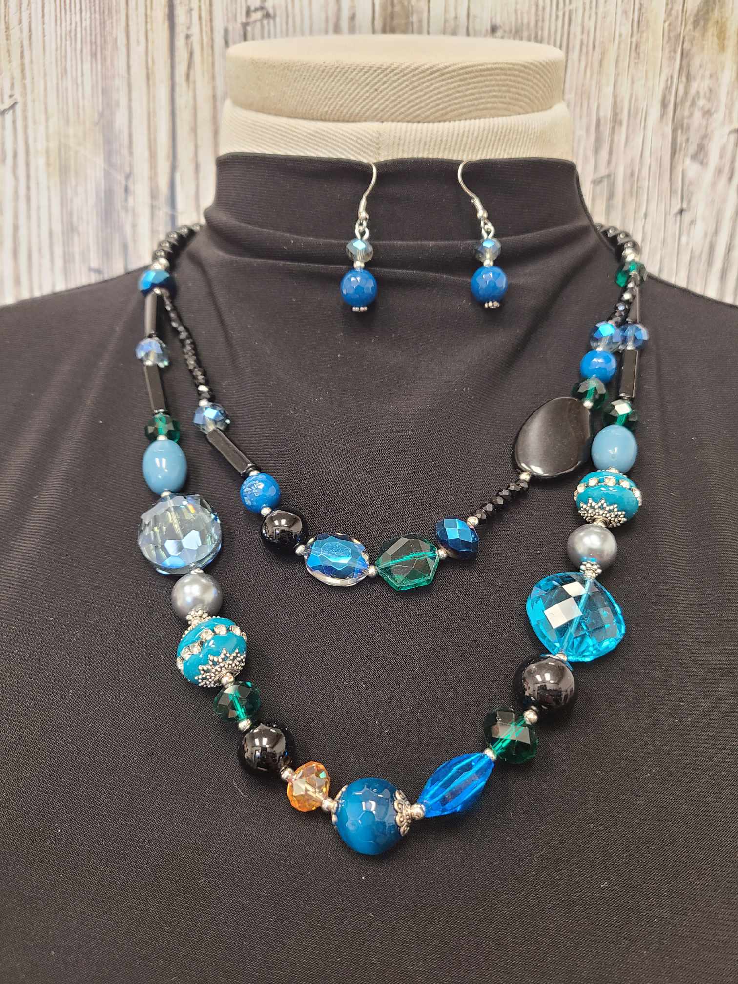 Blue Semi-Precious Stone Necklace with Matching Earrings