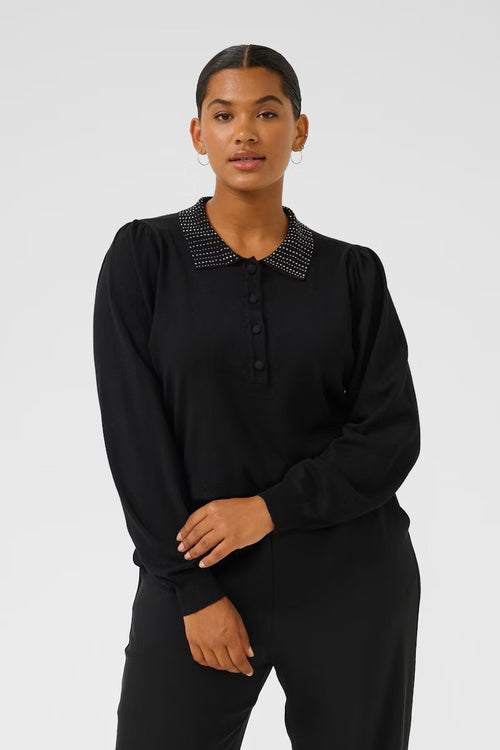 Kaffe Curve | Black Pullover Sweater with Rhinestone Collar