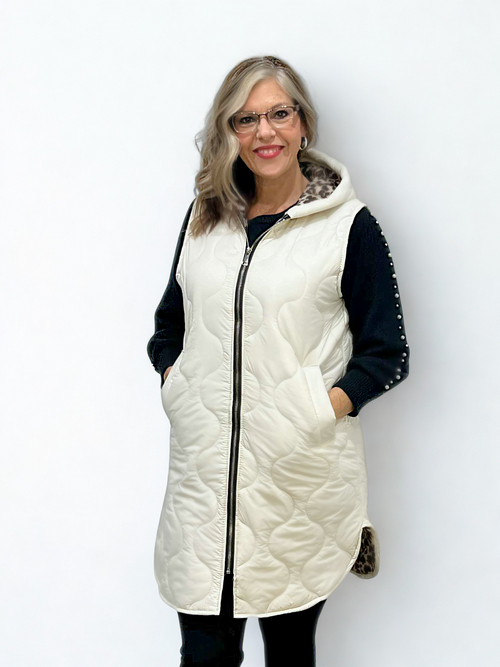 Ivory Puffer Vest with Animal Print Inside