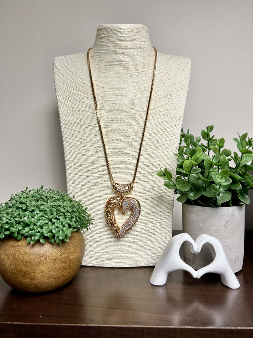 Gold 3D heart Necklace with Rhinestone Accents