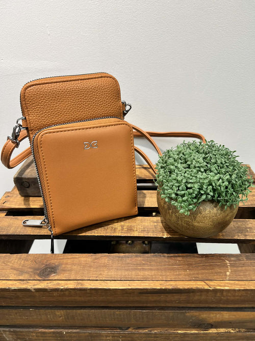 Camel Crossbody Purse with two zipper compartments
