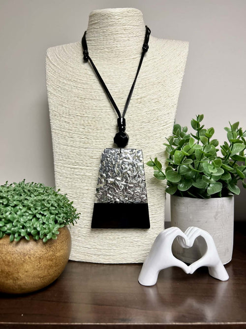 Adjustable String Necklace with Silver Resin Foil Pendant