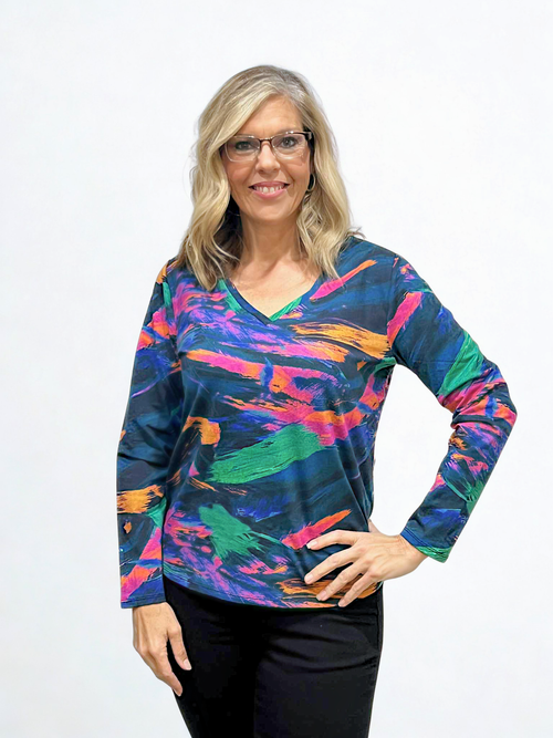 GG Jeans | Turquoise  Abstract Print Cotton V-Neck Top