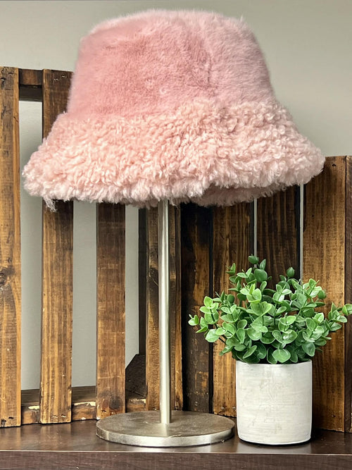 Pink Faux Fur Bucket Hat with Sherpa Brim