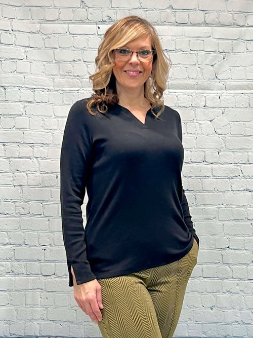 Ribbed V-Neck Top, Black, Long Sleeve