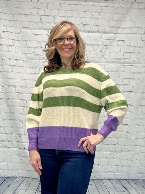 Cropped Sweater, Cream with purple / Green Stripes