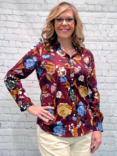 Cotton Blouse, Button front, Collar,Burgndy with a Floral Print