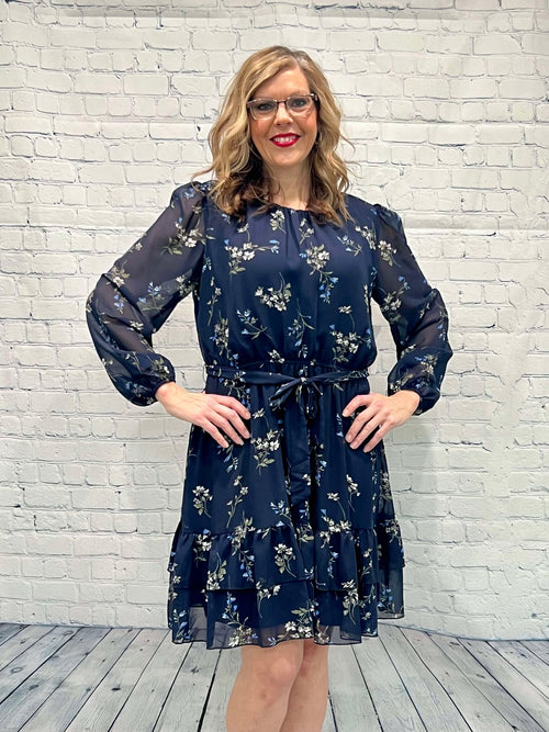 Floral Navy Dress, with underlay, Shear Sleeves