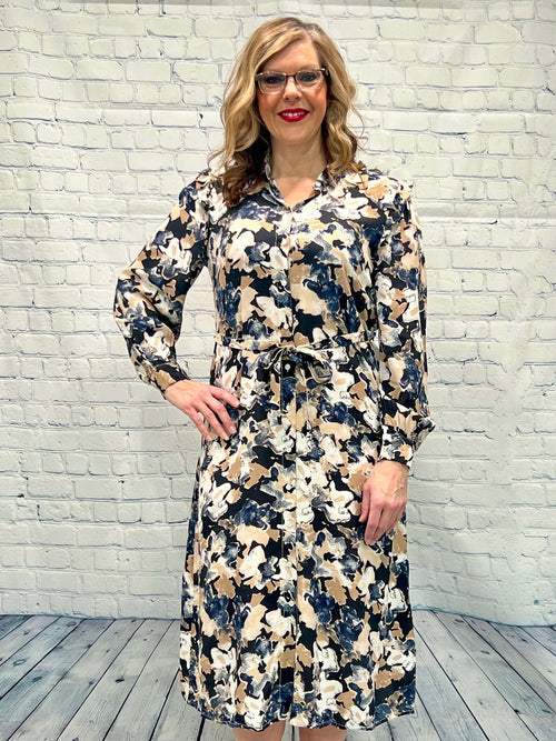 Long Sleeve Midi Dress,  Button up Front,  Floral Print in Navy , Beige