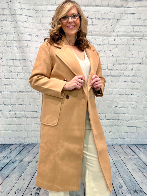 Long Camel Coat, Button Up Front,  V-Neck Collar,