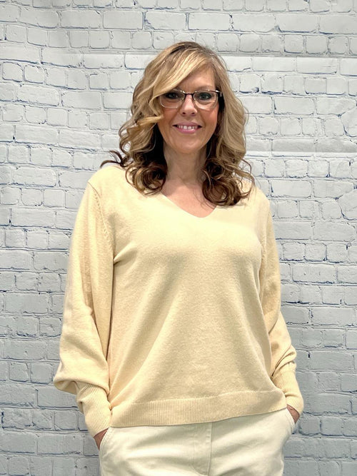 Pull On Sweater, Cream, V-Neck