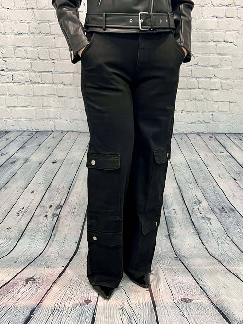 Black Denim Cargo Pant, Wide Leg,