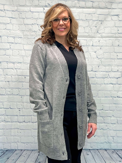 Long Cardigan, Grey, Button up front with V-Neck