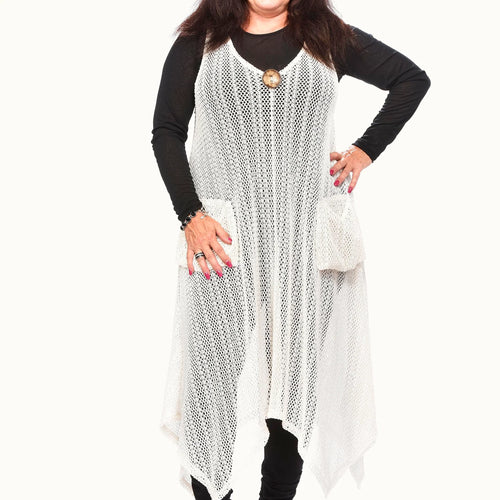One Size Ivory Pocketed Mesh Coverup with Button