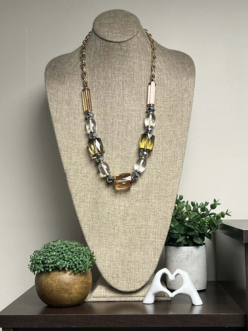 Gold  Earthy Tones Resin Chunky Beaded Necklace with Silver Accent Beads