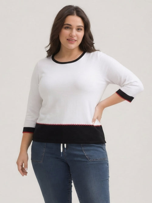 Alison Sheri | White and Navy Knitted Top with Red Stitching Details