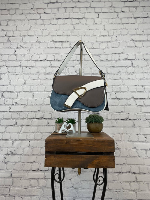 Purse, Blue Denim, Brown, Ivory