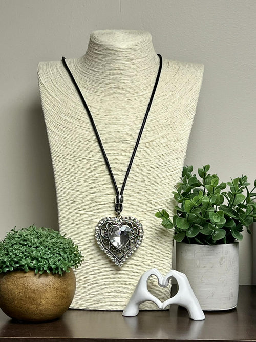 Necklace, 3D Heart Pendant, rhinestone accents, large heart gem, leather necklace