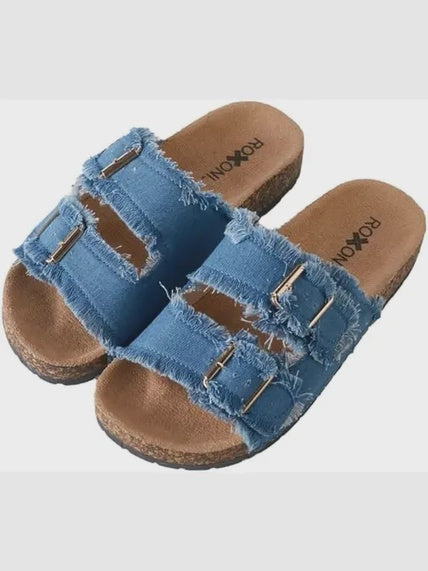 Women's Blue Comfort Flat Sandals Dual Adjustable Strap