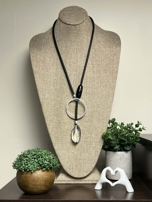 Thick Black String Whimsical Necklace with Silver Ring and Resin Beads