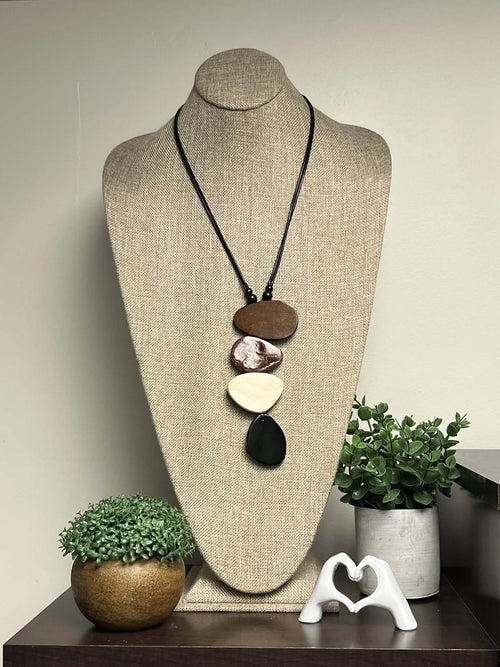 Black Adjustable Necklace with Wooden and Resin Beads