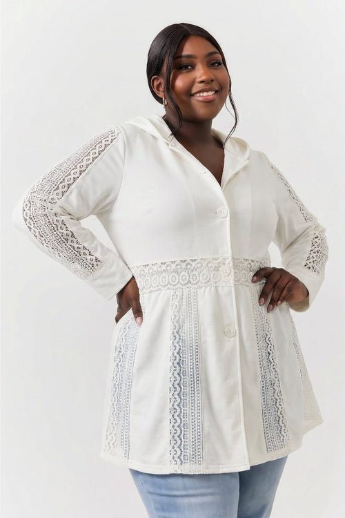 Parsley & Sage | Ivory Button Up Hoodie Jacket with Crocheted Accents